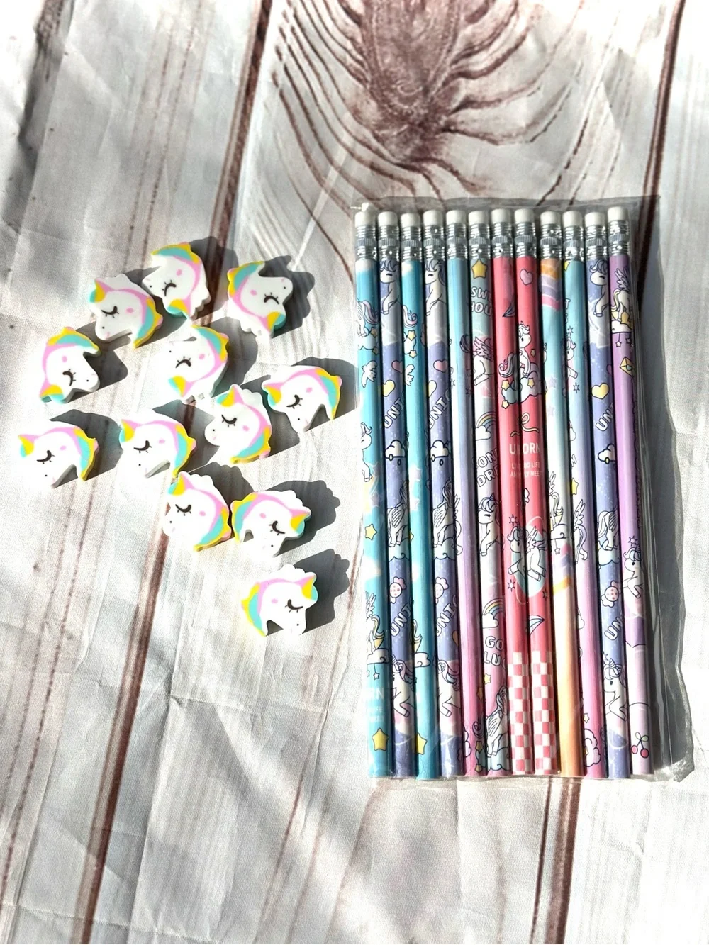 12 Rainbow Unicorn Pencil Set with Pastel Designs and Eraser Toppers
